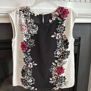 Talbots Black and Cream Sleeveless Blouse with Floral Design